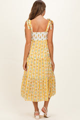 Yellow Striped Floral Shoulder Tie Maternity Midi Dress