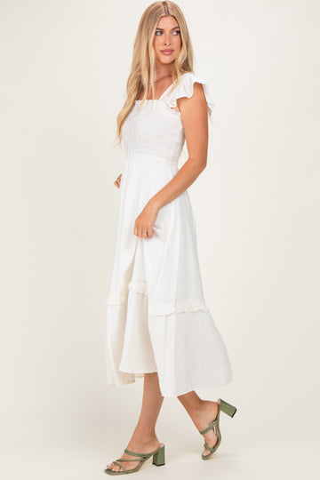 Natural Button Accent Smocked Ruffle Midi Dress