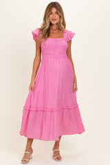 Pink Button Accent Smocked Ruffle Maternity Midi Dress