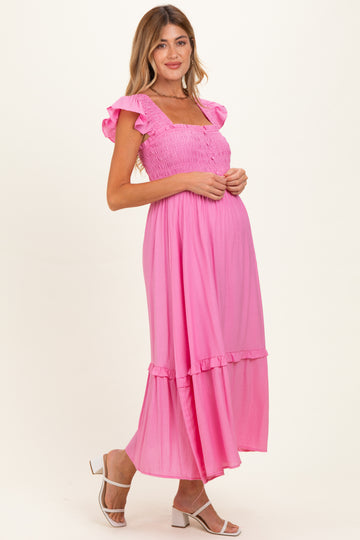 Pink Button Accent Smocked Ruffle Maternity Midi Dress