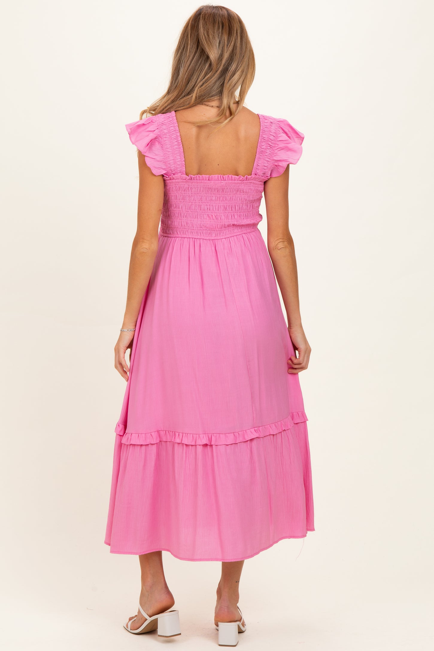 Pink Button Accent Smocked Ruffle Maternity Midi Dress