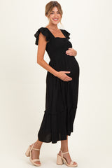 Black Button Accent Smocked Ruffle Maternity Midi Dress