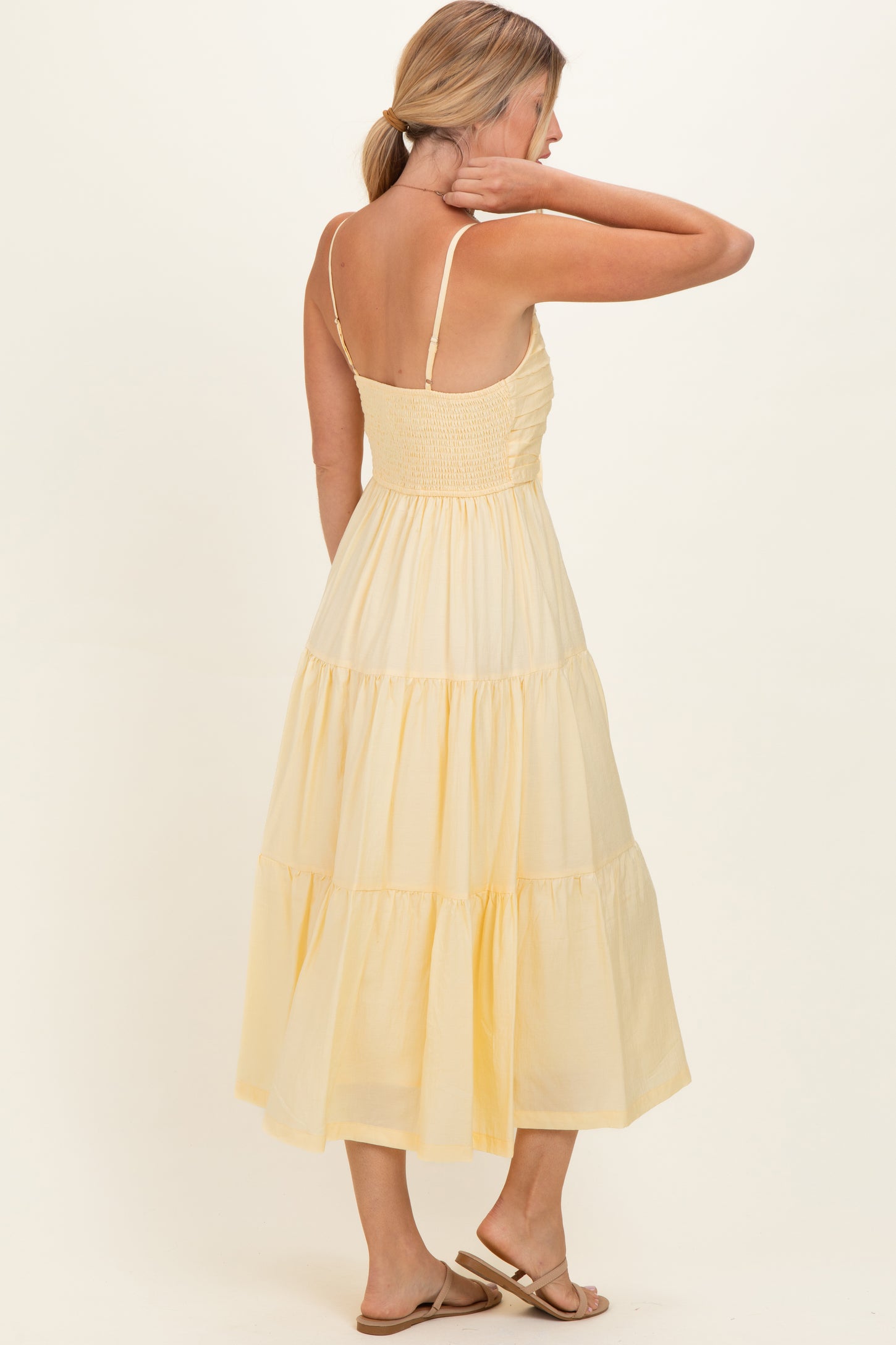 butter yellow midi dress Butter Yellow Pleated Front Tie Sleeveless Midi Dress