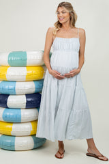 Blue Striped Empire Waist Tiered Maternity Midi Dress