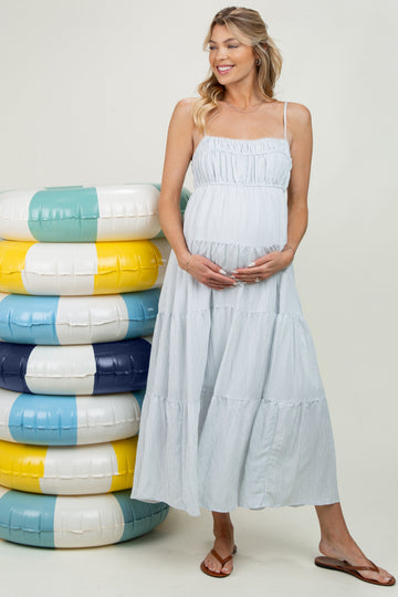 Blue Striped Empire Waist Tiered Maternity Midi Dress