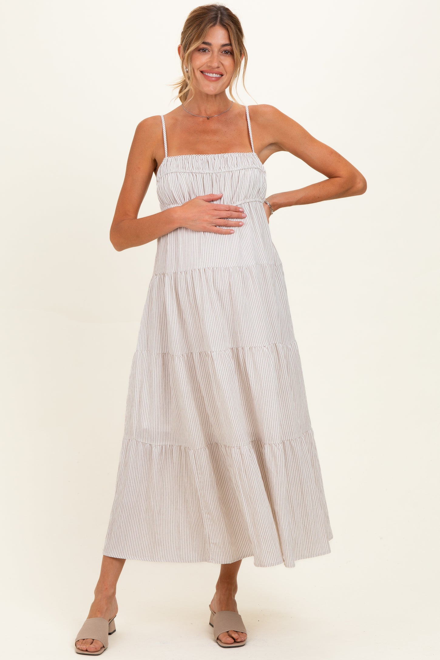 Mocha Striped Empire Waist Tiered Maternity Midi Dress – PinkBlush Mocha Striped Empire Waist Tiered Maternity Midi Dress – PinkBlush