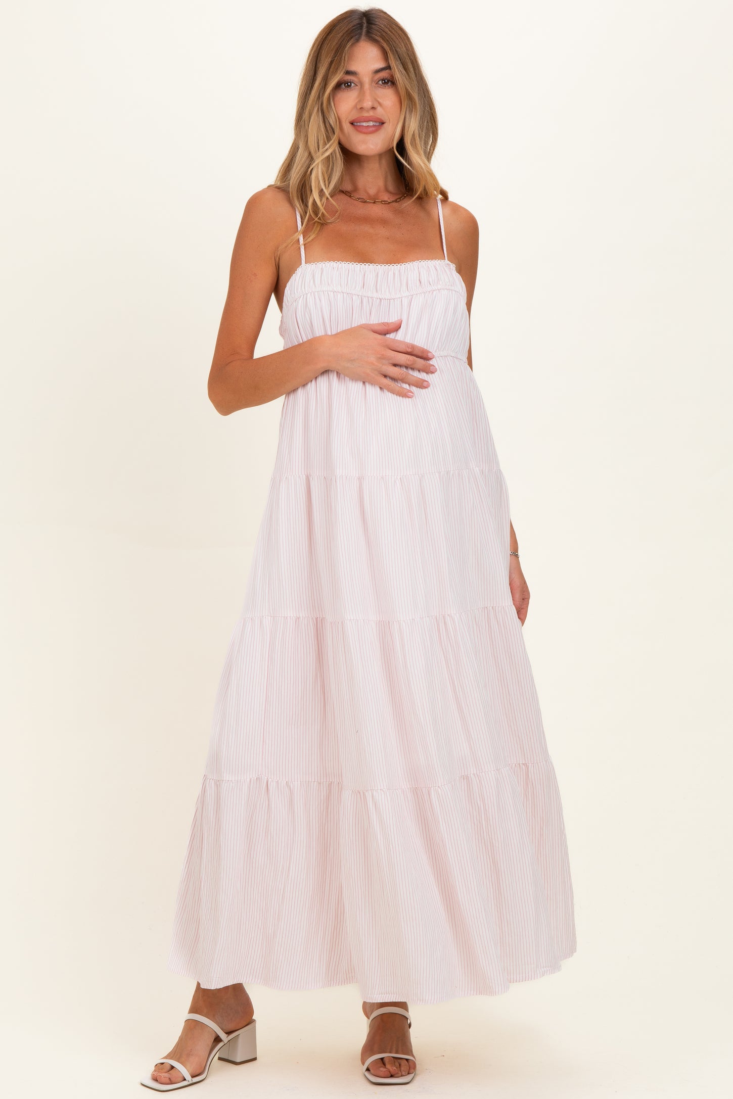 pink empire line dress Pink Striped Empire Waist Tiered Maternity Midi Dress – PinkBlush