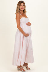 Pink Striped Empire Waist Tiered Maternity Midi Dress