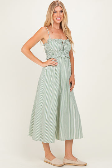 Olive Striped Front Tie Cutout Ruffle Midi Dress