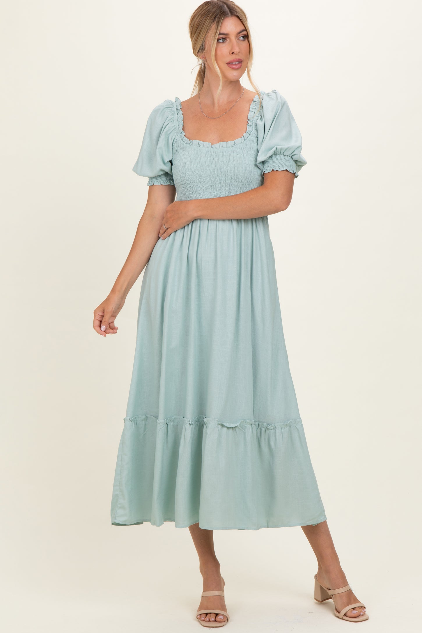 sage smocked midi dress Sage Embroidered Flower Smocked Midi Dress