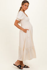 Cream Smocked Puff Sleeve Ruffle Trim Maternity Midi Dress