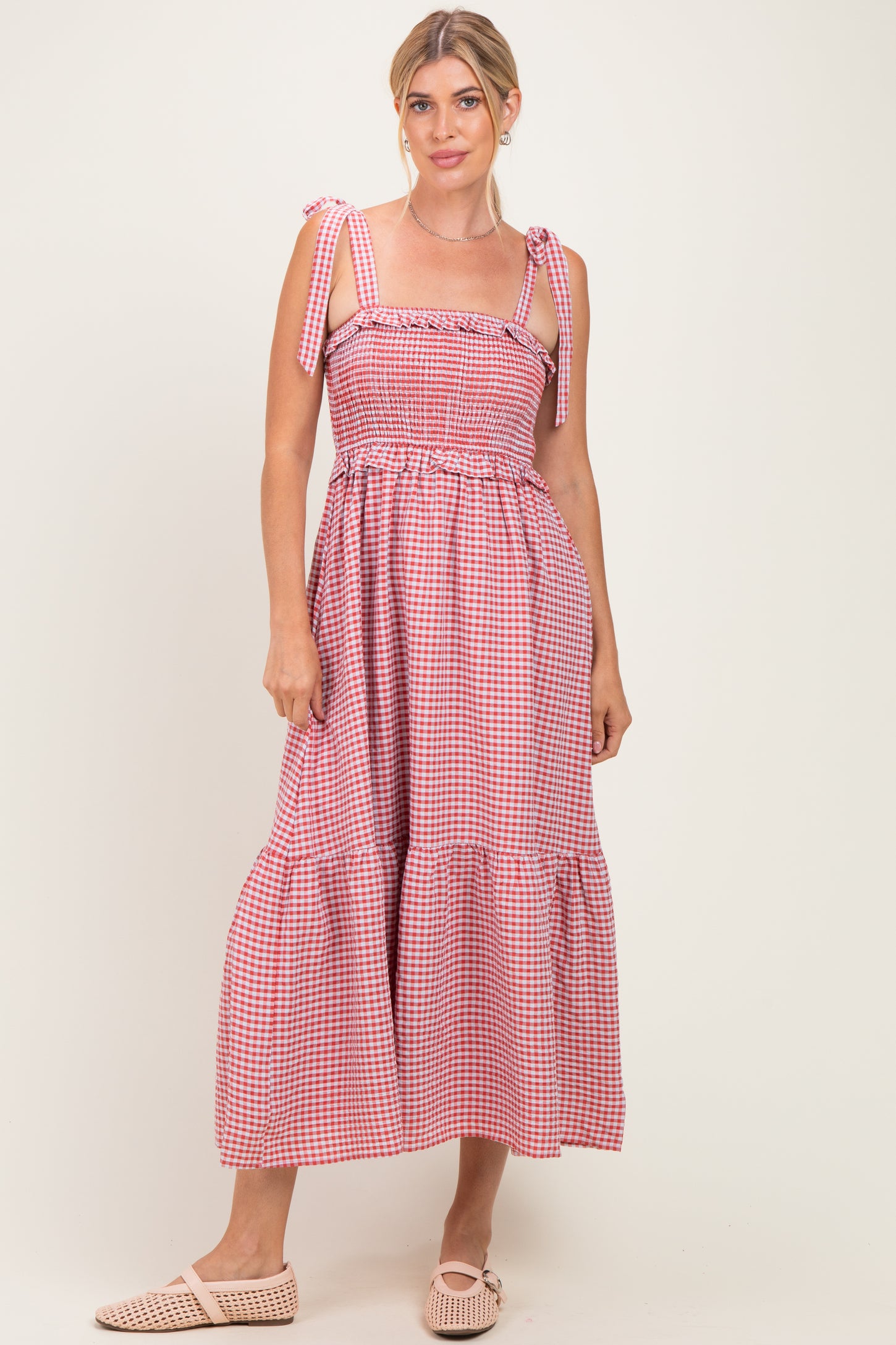 Red Gingham Smocked Shoulder Tie  Midi Dress