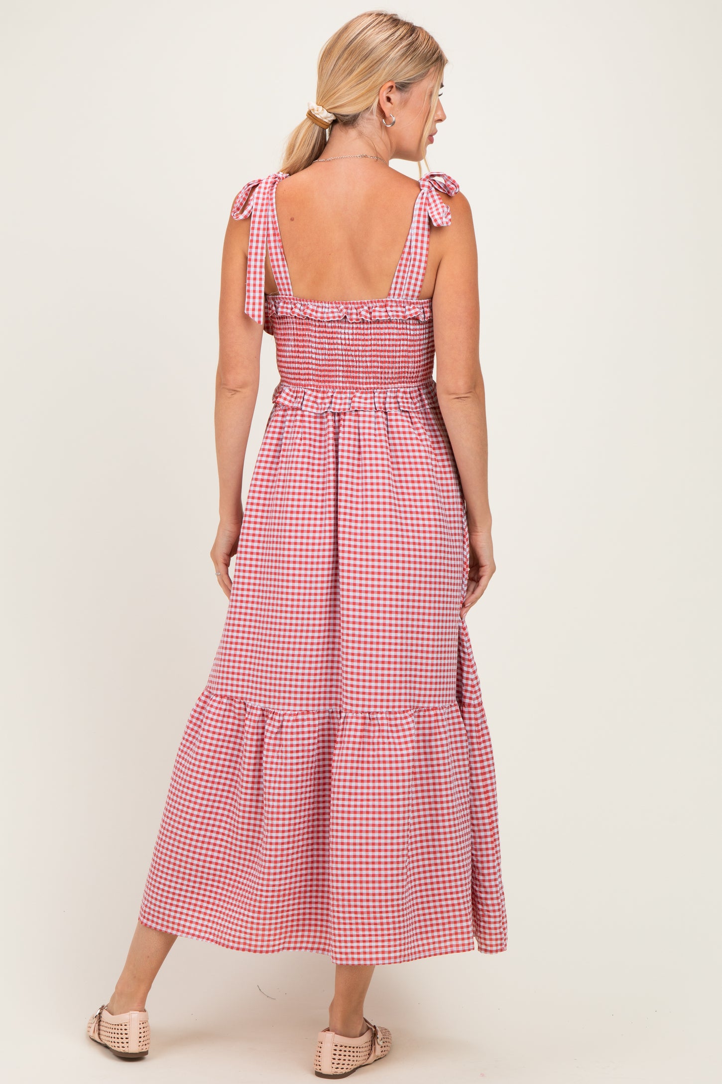 Red Gingham Smocked Shoulder Tie  Midi Dress