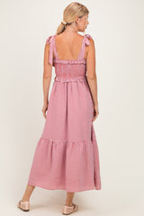 Red Gingham Smocked Shoulder Tie  Midi Dress