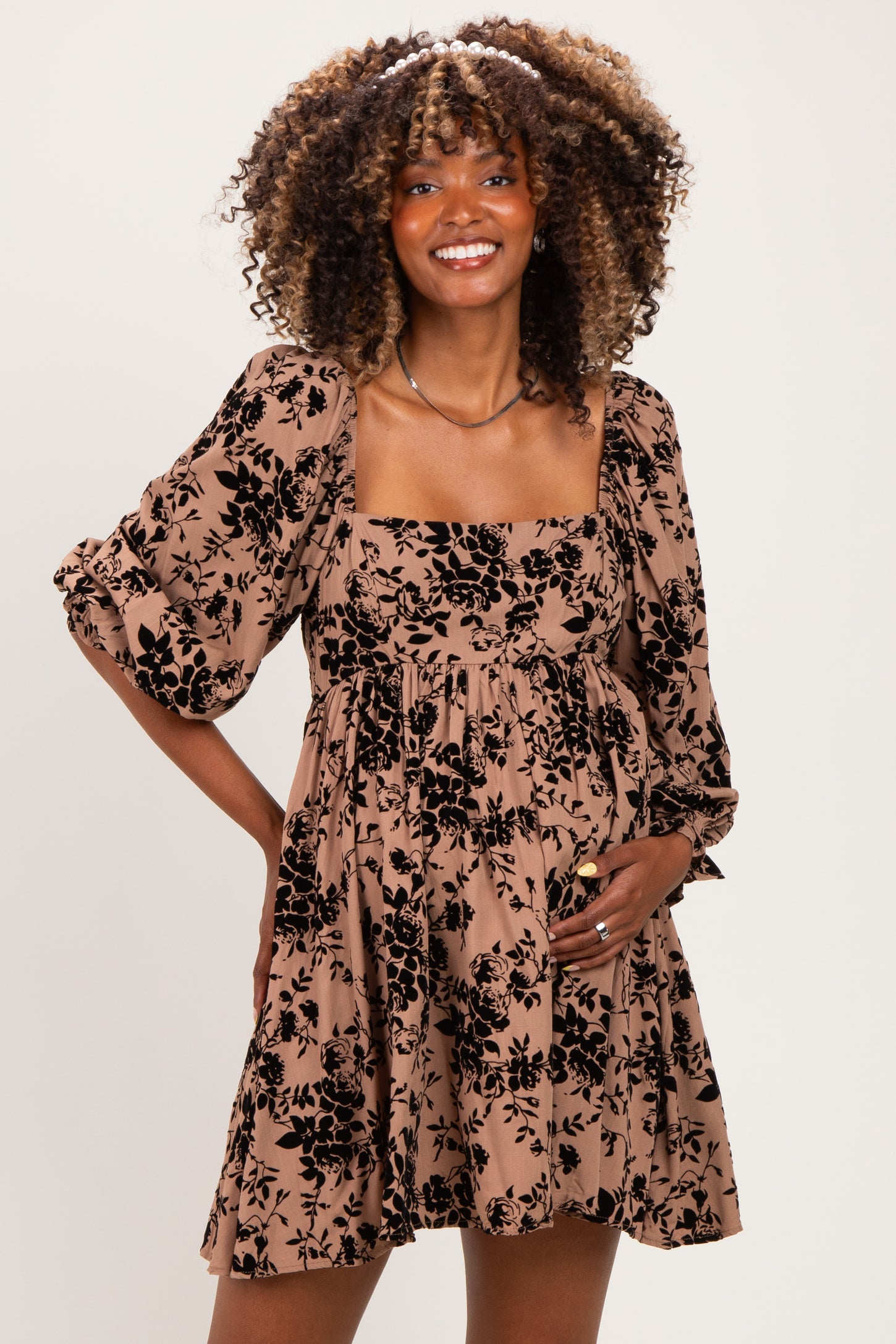 Taupe Floral Square Neck Maternity Dress