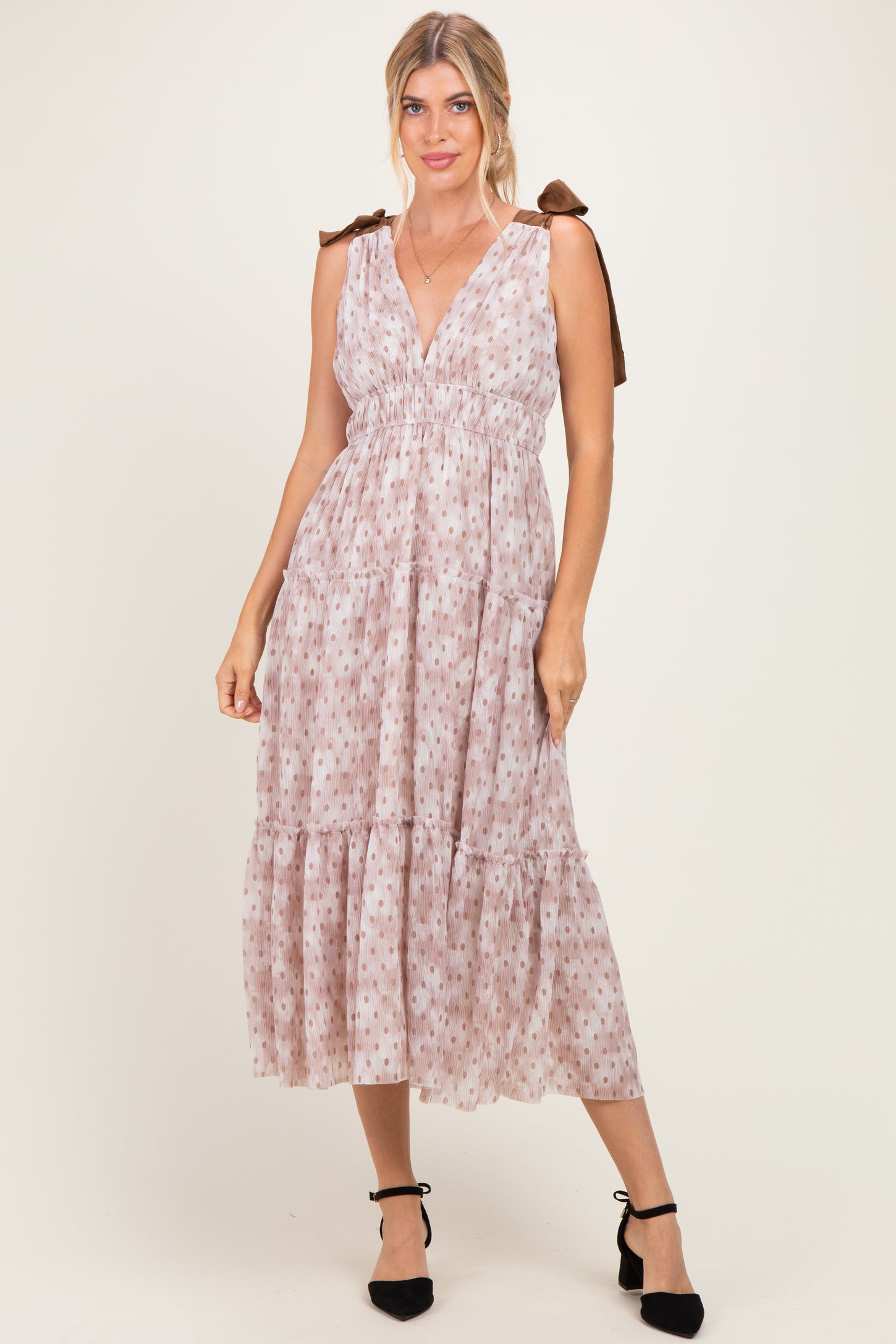 Ivory Floral Deep V Shoulder Tie Dress