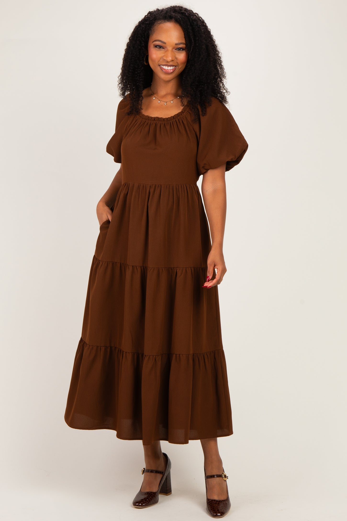Brown Puff Short Sleeve Tiered Midi Dress