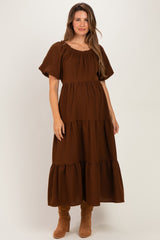 Brown Puff Short Sleeve Tiered Maternity Midi Dress