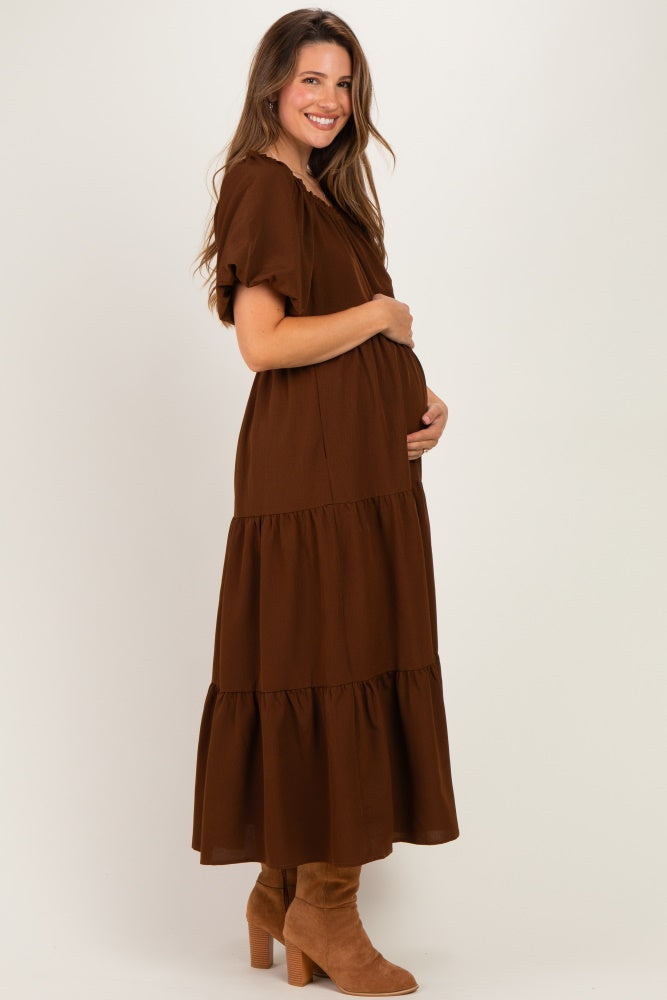 Brown Puff Short Sleeve Tiered Maternity Midi Dress