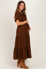 Brown Puff Short Sleeve Tiered Maternity Midi Dress