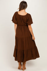 Brown Puff Short Sleeve Tiered Maternity Midi Dress