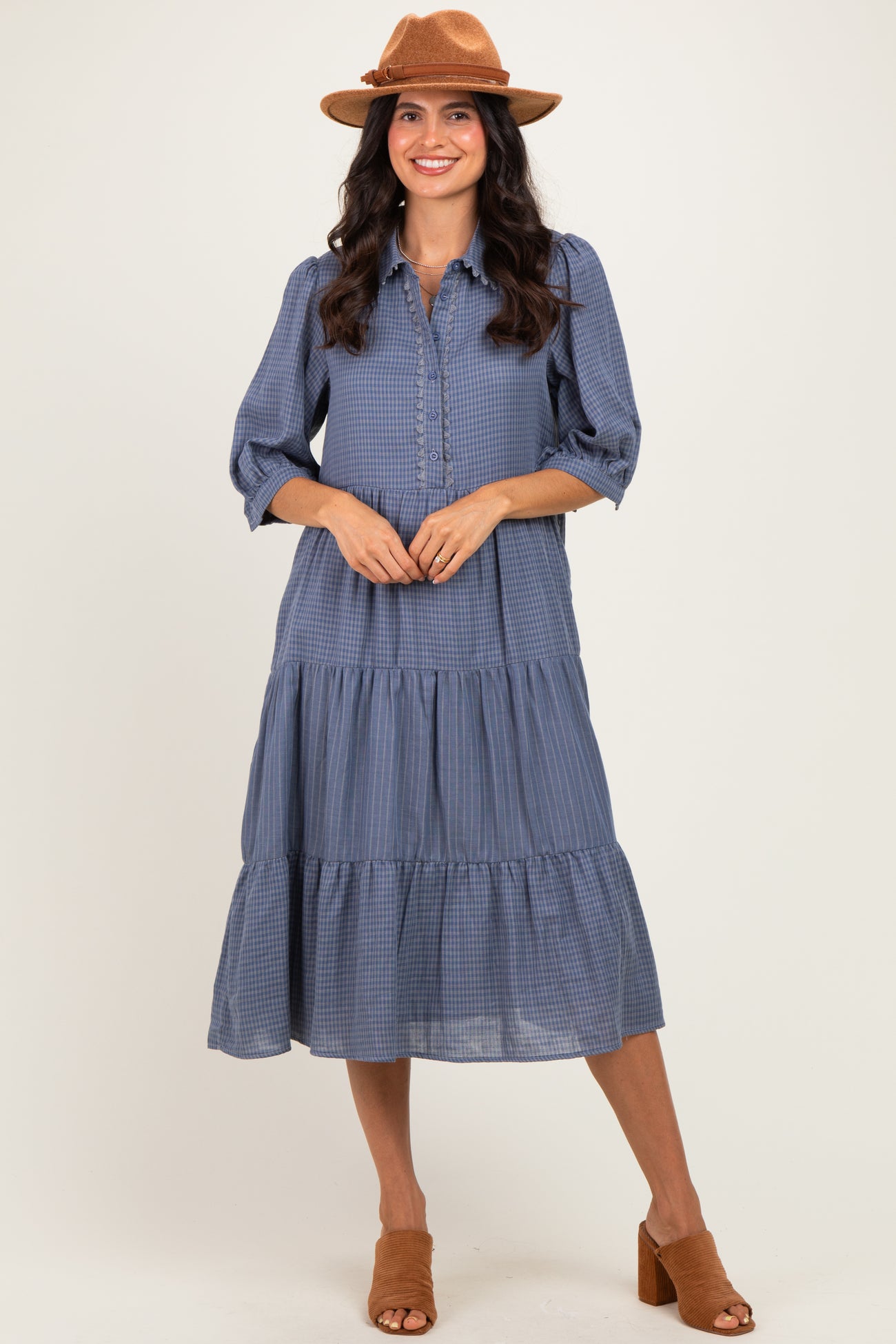 Blue Gingham Button Up Tiered Midi Dress