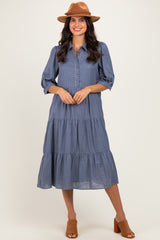 Blue Gingham Button Up Tiered Midi Dress