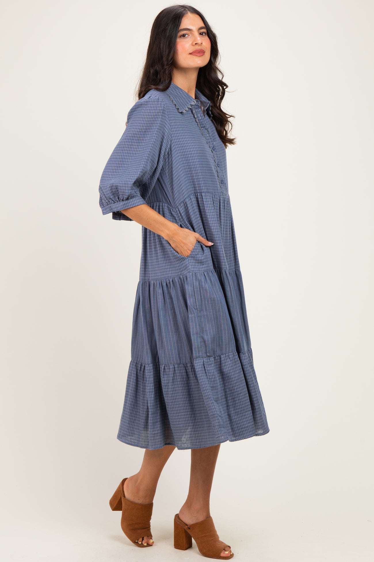 Blue Gingham Button Up Tiered Midi Dress