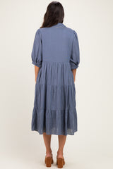 Blue Gingham Button Up Tiered Midi Dress
