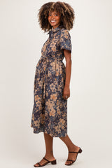 Navy Blue Floral Button Up Maternity Midi Dress
