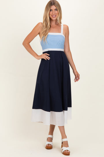 Light Blue Navy Colorblock Sleeveless Midi Dress