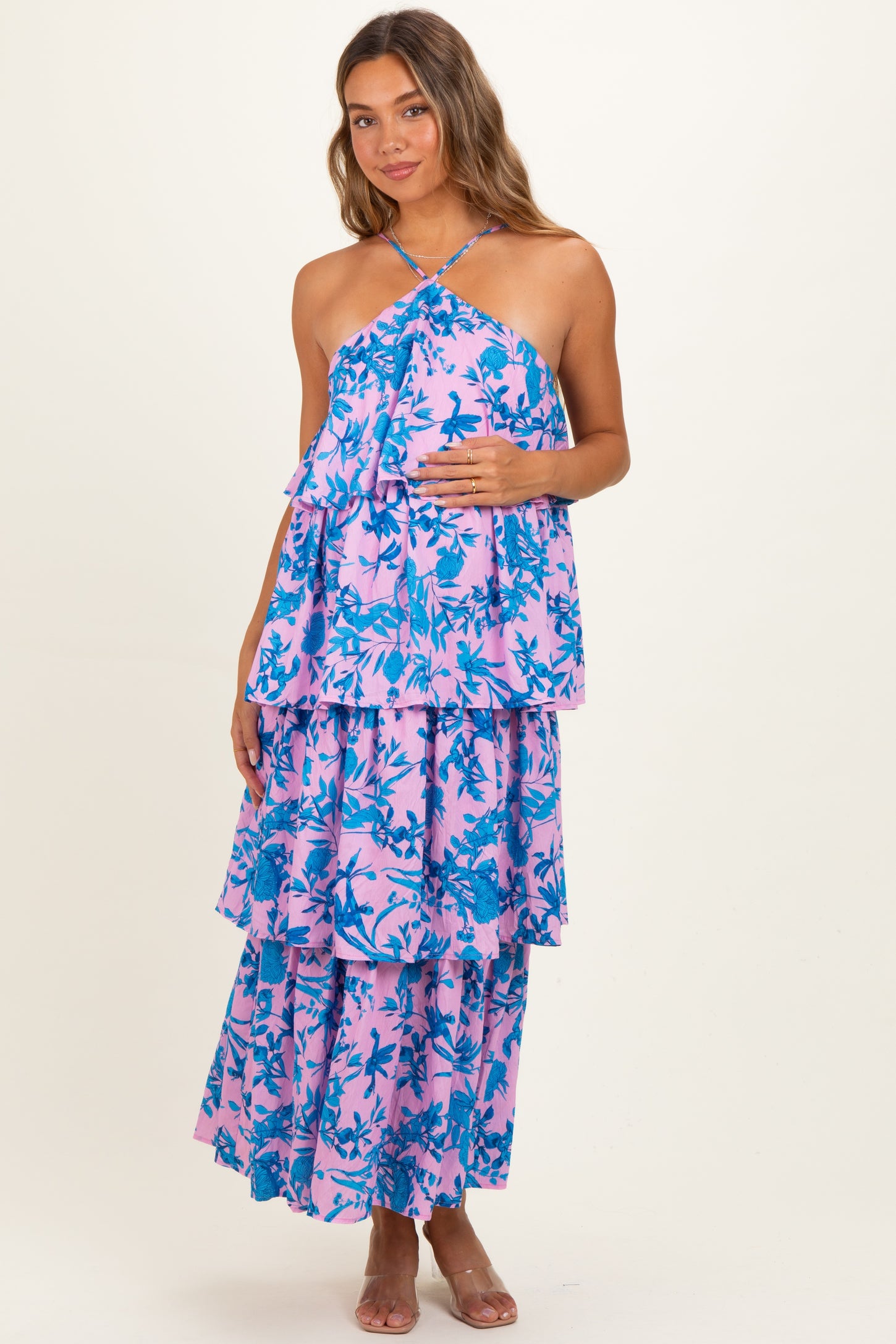 flowy maxi dress maternity Pink Floral Flowy Tiered Maternity Maxi Dress – PinkBlush