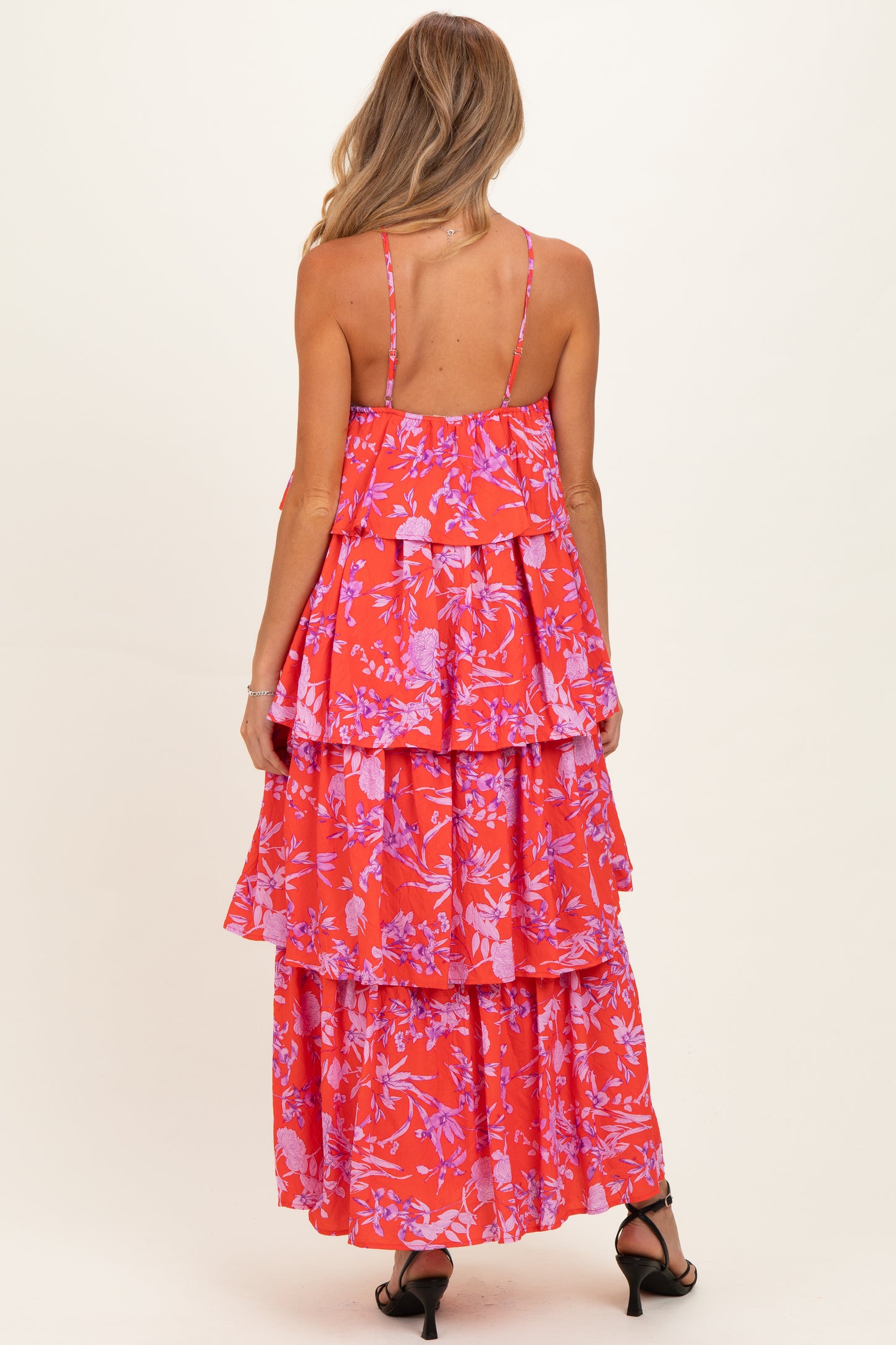 Red Floral Flowy Tiered Maternity Maxi Dress