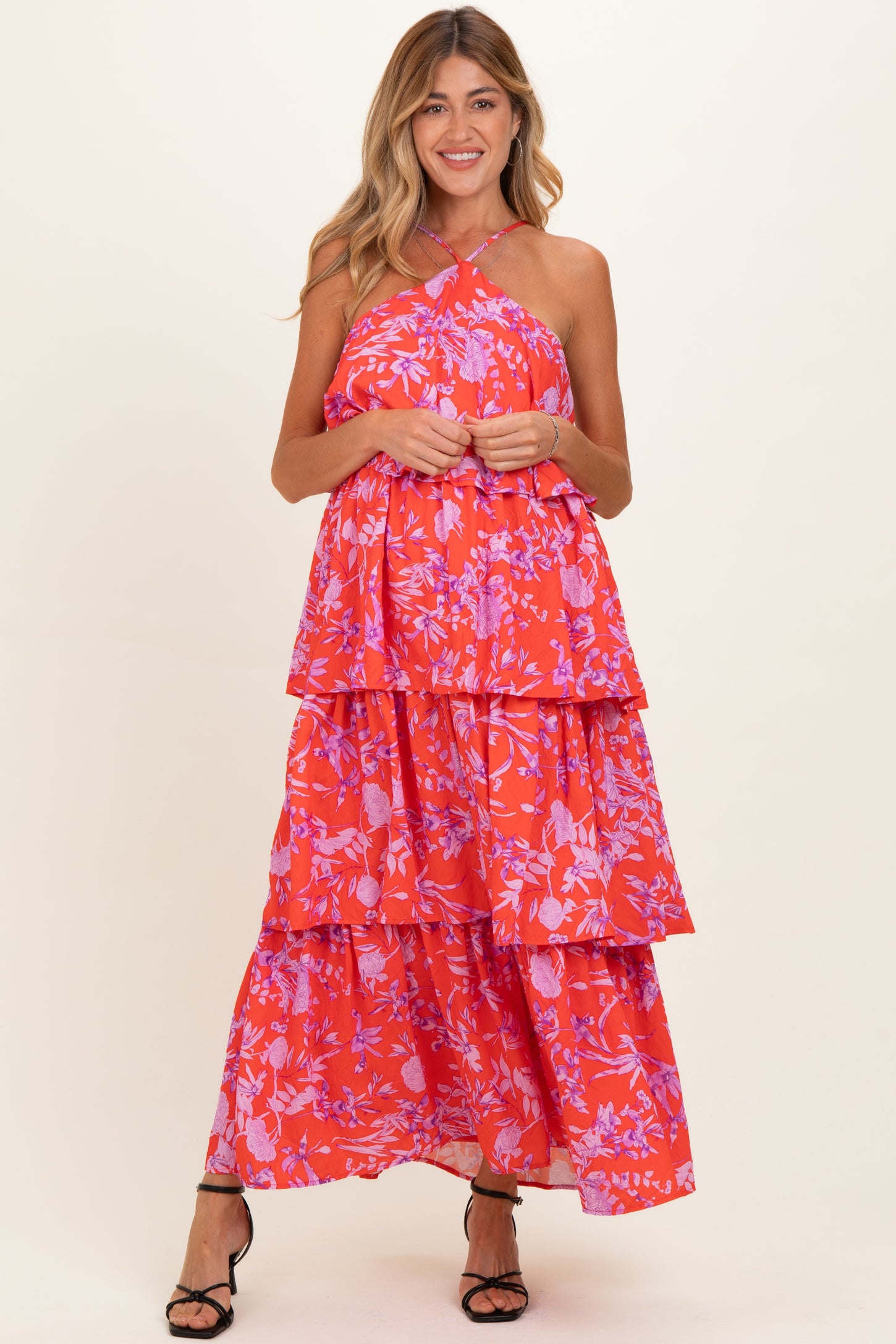 flowy red and pink dress Red and Pink Chiffon Evening Dress: Backless Flowy Gown