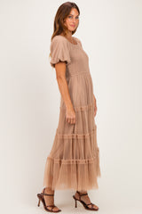 Brown Smocked Square Neck Tiered Midi Dress