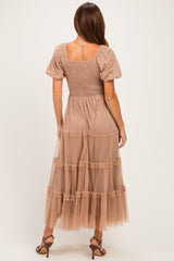 Brown Smocked Square Neck Tiered Midi Dress