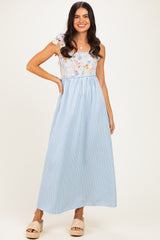 Blue Striped Sleeveless Smocked Floral Maternity Maxi Dress
