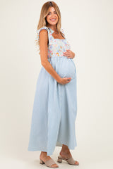 Blue Striped Sleeveless Smocked Floral Maternity Maxi Dress
