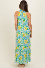 Blue Floral Halter Maternity Maxi Dress