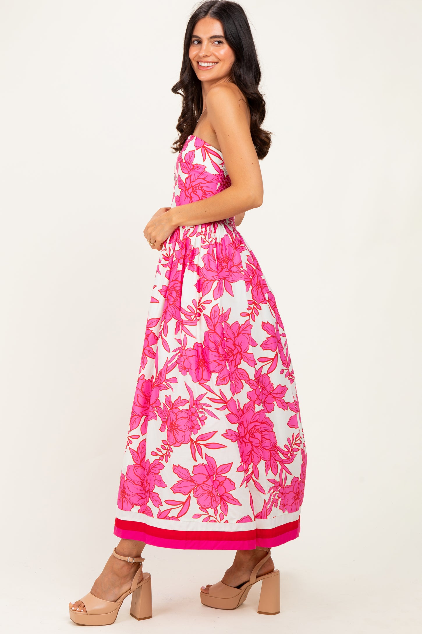 Pink Floral Strapless Midi Dress