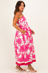Pink Floral Strapless Maternity Midi Dress