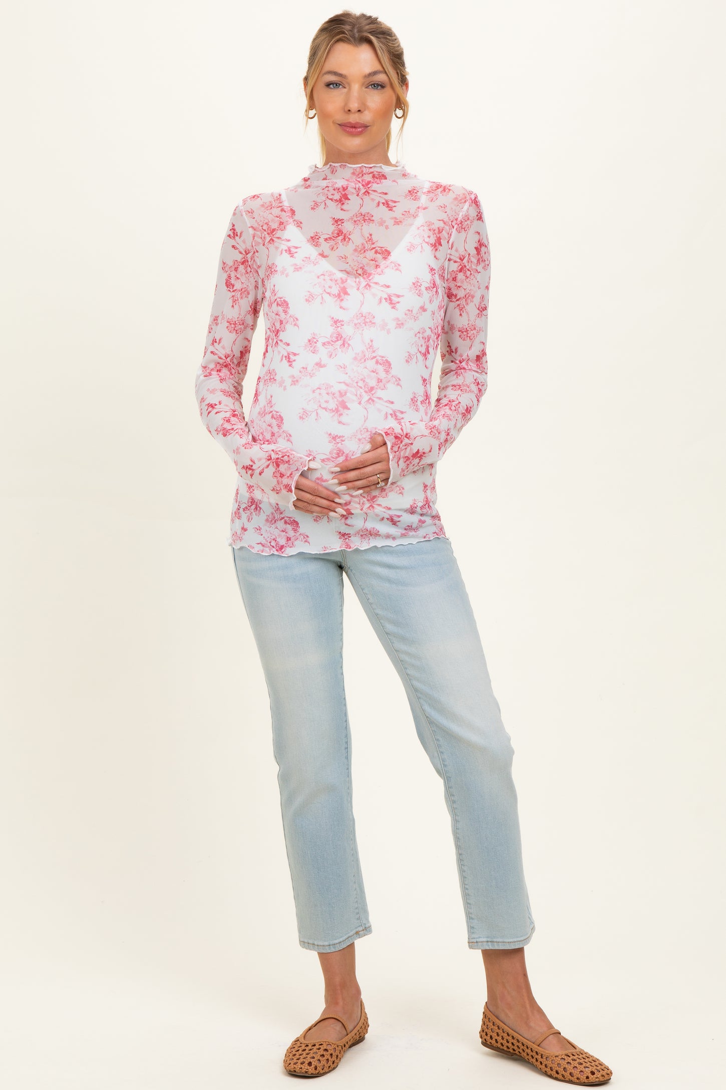 Pink Floral Sheer Mesh High Neckline Maternity Top