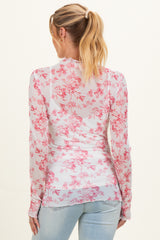 Pink Floral Sheer Mesh High Neckline Maternity Top