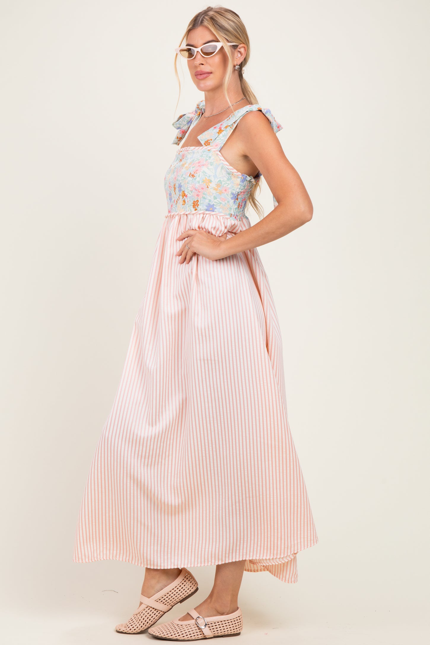 Pink Striped Sleeveless Smocked Floral Maxi Dress