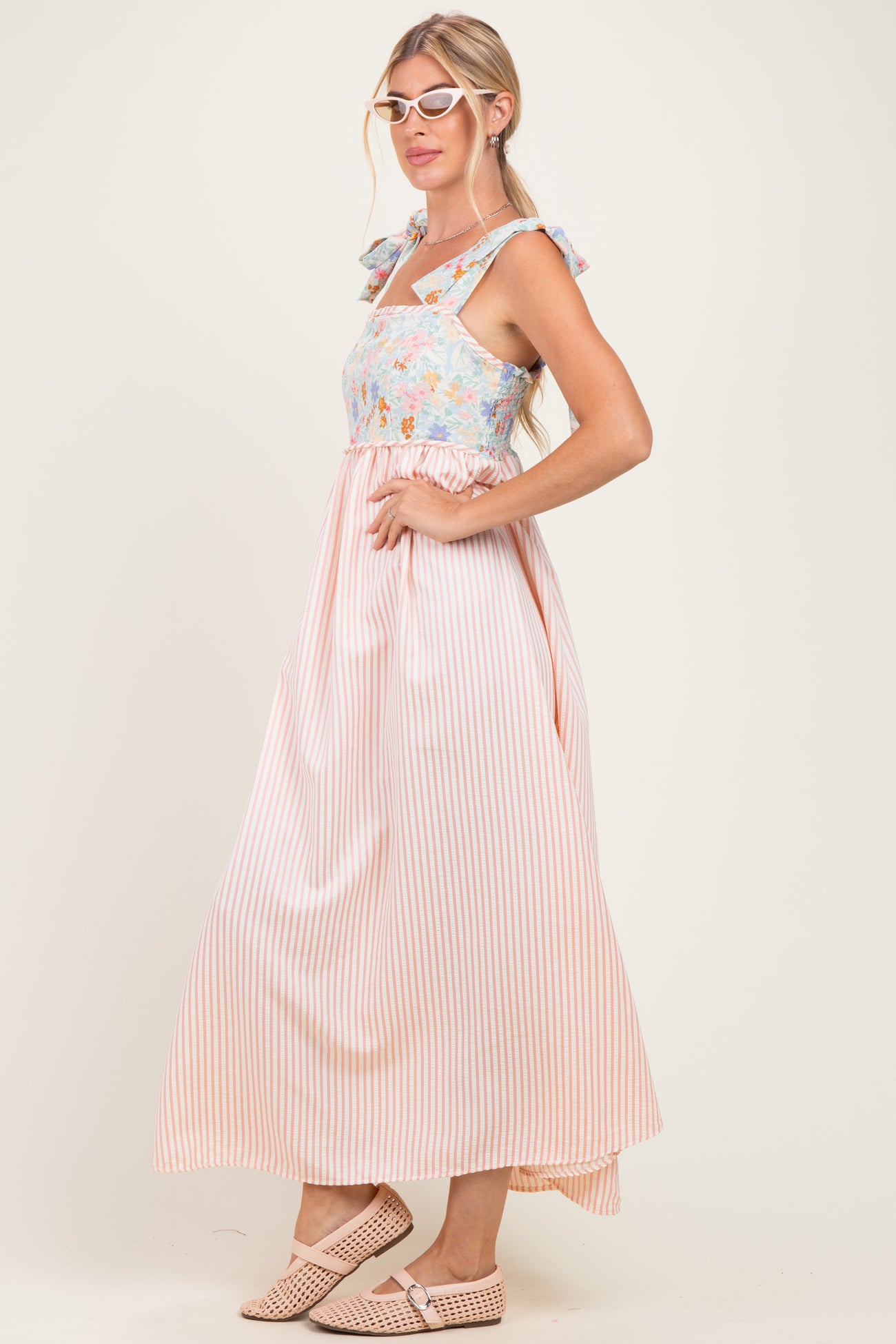 Pink Striped Sleeveless Smocked Floral Maxi Dress