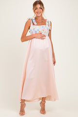 Pink Striped Sleeveless Smocked Floral Maternity Maxi Dress