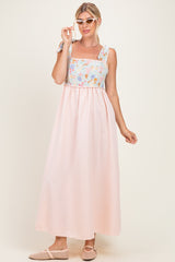 Pink Striped Sleeveless Smocked Floral Maternity Maxi Dress