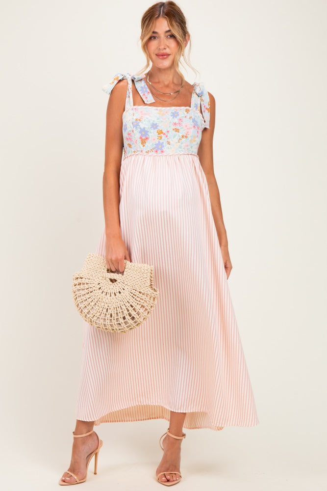 Pink Striped Sleeveless Smocked Floral Maternity Maxi Dress