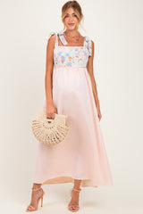 Pink Striped Sleeveless Smocked Floral Maternity Maxi Dress