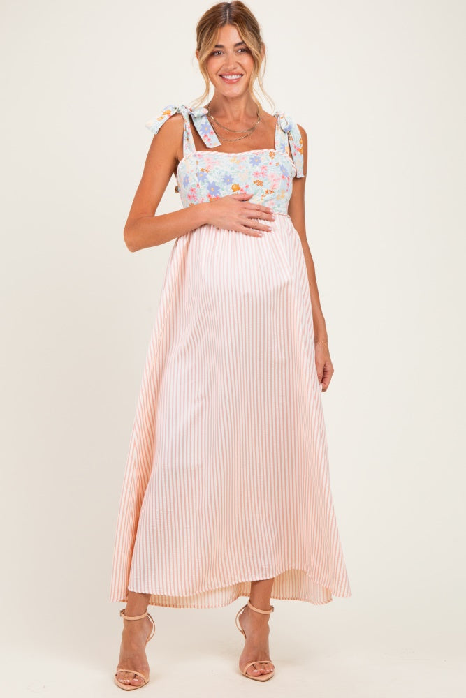 Pink Striped Sleeveless Smocked Floral Maternity Maxi Dress